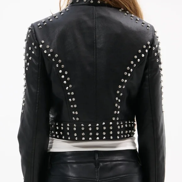 Women's Black Studded w/ Diamonds Leather Jacket - Elevated Moto Style - Picture 3 of 4